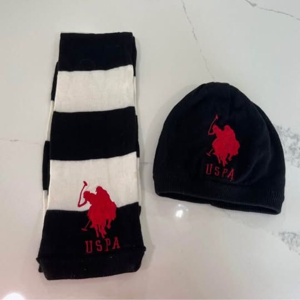 US Polo Assn. beanie and scarf retro vintage hat black pink white
